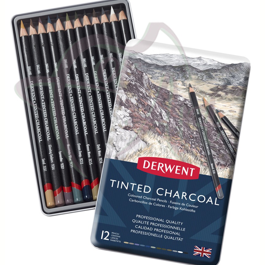 Набор угольных тонированных карандашей Derwent Tinted Charcoal 12 цветов в металлической коробке