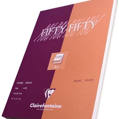 Блок бумаги для набросков Clairefontaine Fifty&Fifty 50листов-белая бумага, 50листов-слоновая кость/21х29,7см/90гр/100л