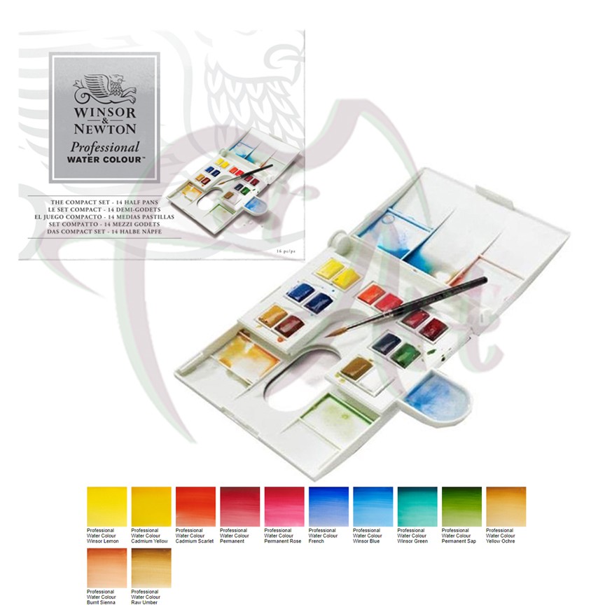 Набор профессиональных акварельных красок Winsor Newton Professional Compact set/14 цветов (полукюветы)+кисть в пластиковом пенале