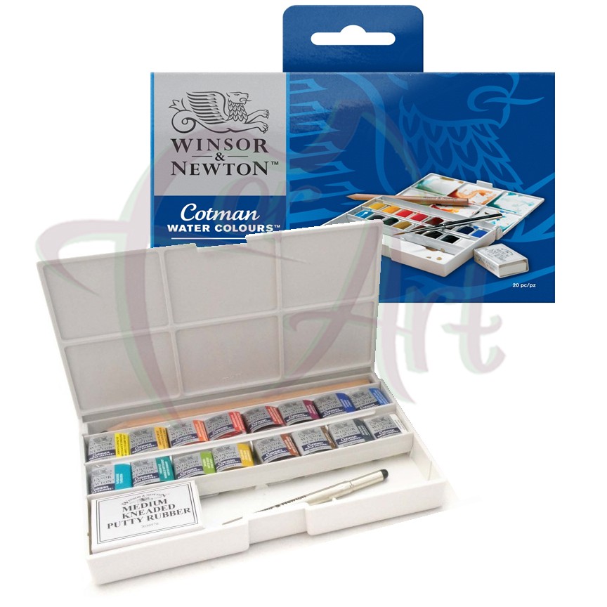 Набор акварели Cotman Deluxe Winsor Newton/16 цветов (полукюветы)+аксессуары в пластиковой коробке