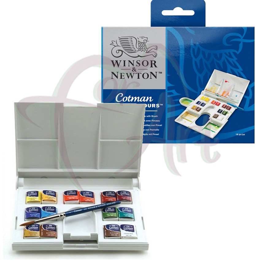 Набор акварели Cotman компактный Winsor Newton/14 цветов (полукюветы)+кисть в пластиковой коробке