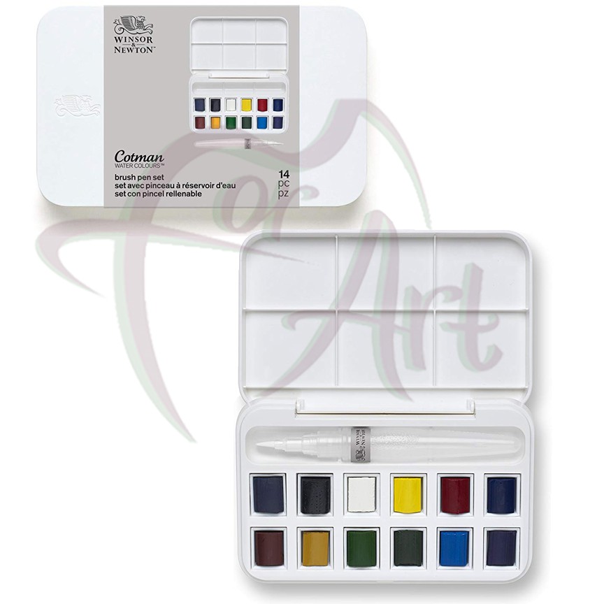 Набор акварели Cotman Winsor Newton/12 кювет+кисть с резервуаром в пластиковой коробке