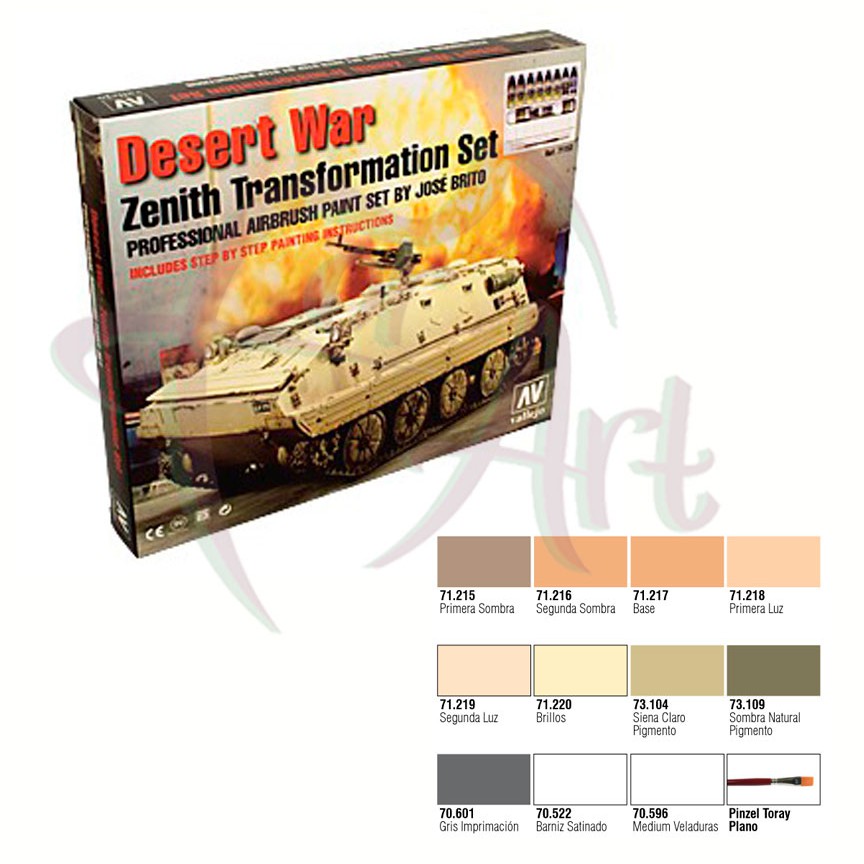 Набор красок для моделизма Vallejo Model Air - Desert War/8 цветов+аксессуары в картонной коробке