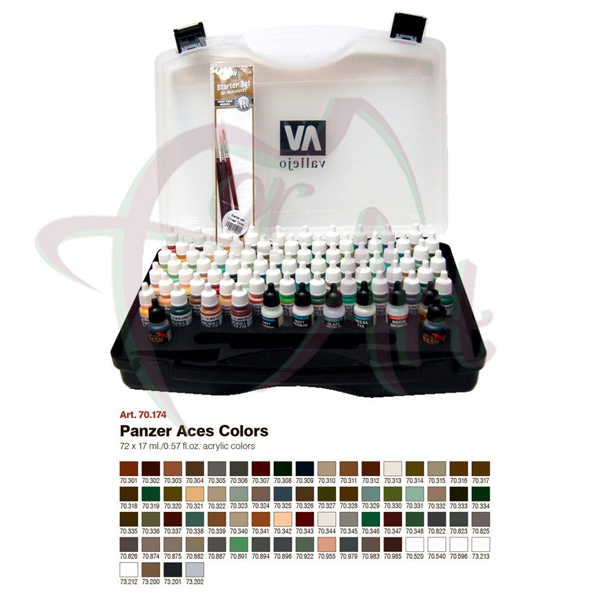 Набор красок для моделизма Vallejo Model Color Panzer Aces 72 цвета+кисти в пластиковом чемодане
