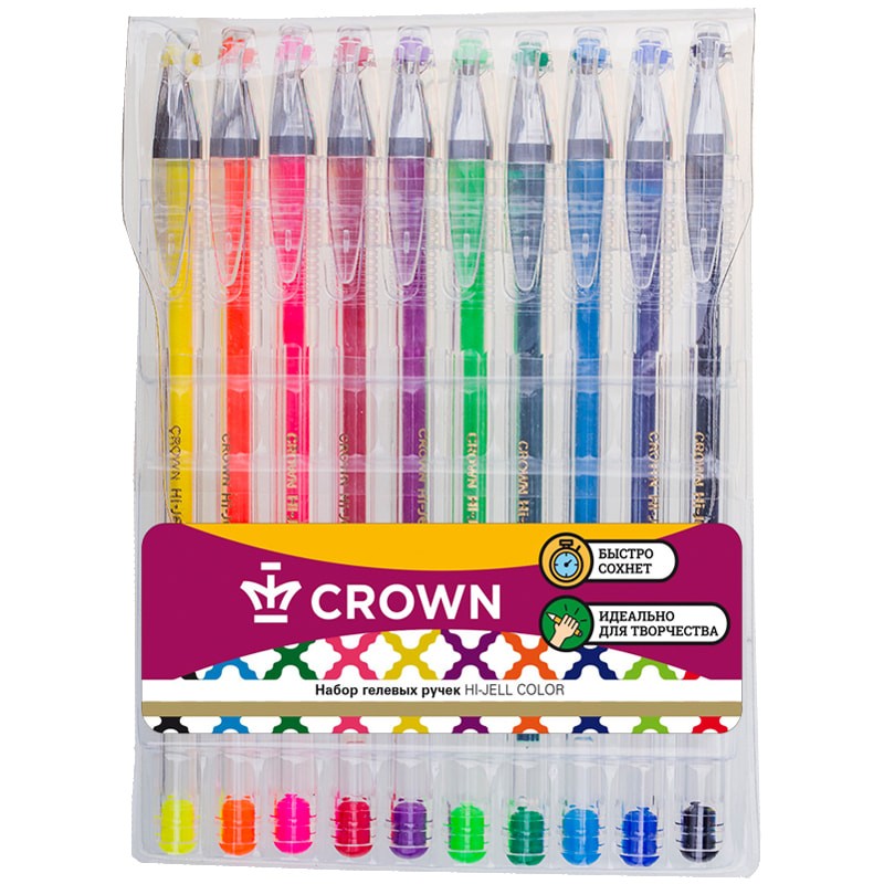 Набор гелевых ручек Crown Hi-Jell Color 10цветов, 0,5мм