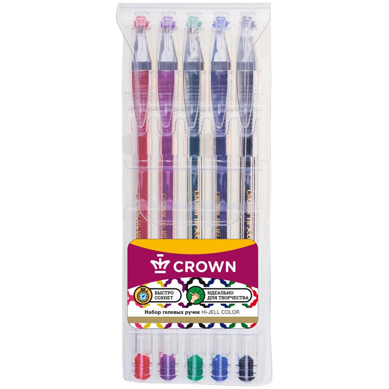 Набор гелевых ручек Crown Hi-Jell Color 5цветов, 0,5мм