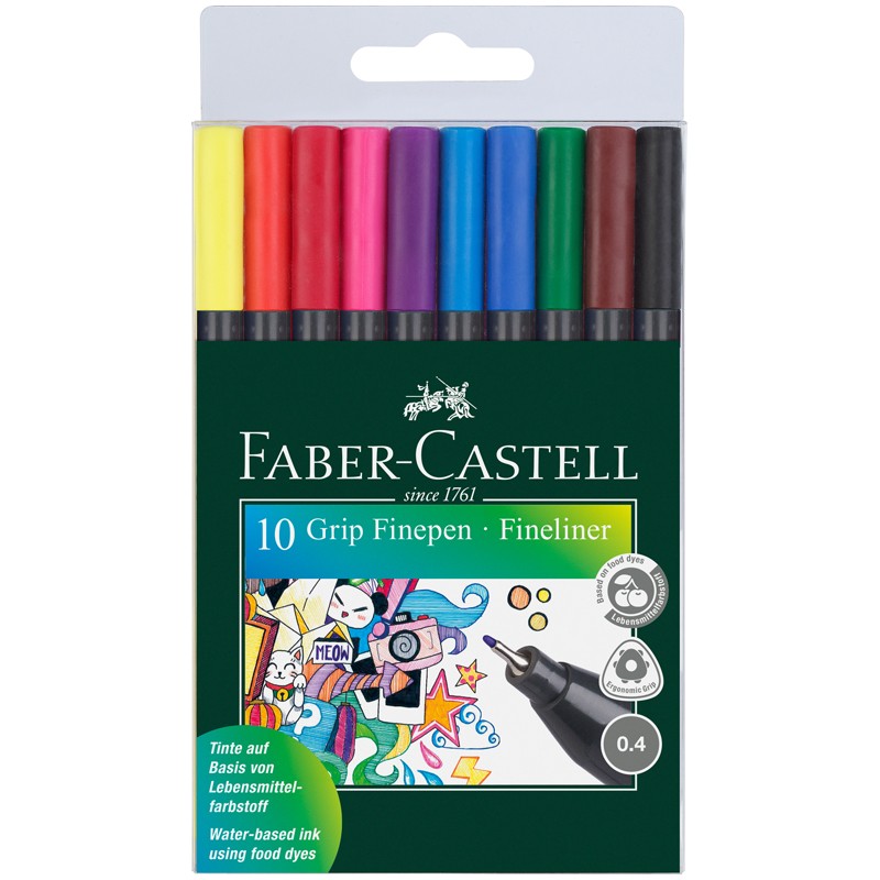 Набор капиллярных ручек трехгранных Faber Castell Grip Finepen 10цветов, 0,4мм